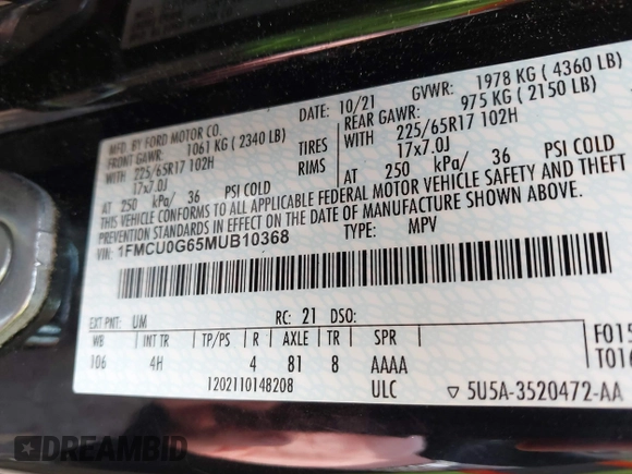 2021 Ford Escape SE с VIN 1FMCU0G65MUB10368, выставлен на аукционе IAAI как лот 42084579 с пробегом 36 043 миль миль и . История ставок и продаж доступна на DreamBid. Изображение 9.