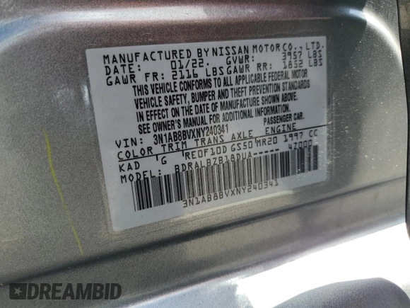 2022 Nissan Sentra S z VIN 3N1AB8BVXNY240341, wystawiony jako Copart lot #55802465 z przebiegiem Nie podano mil oraz Szkoda całkowita • Salvage title. Historia ofert i sprzedaży dostępna na DreamBid. Obrazek 12.