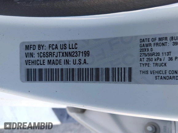 2022 Ram 1500 Laramie with VIN 1C6SRFJTXNN237199, listed as a IAAI auction lot 41705536 with 35,143 mi miles and . Bid and sale history available at DreamBid. Image 9.