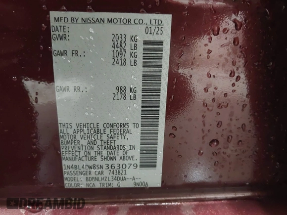 2025 Nissan Altima SV with VIN 1N4BL4DW8SN363079, listed as a IAAI auction lot 42058216 with 1,187 mi miles and . Bid and sale history available at DreamBid. Image 9.