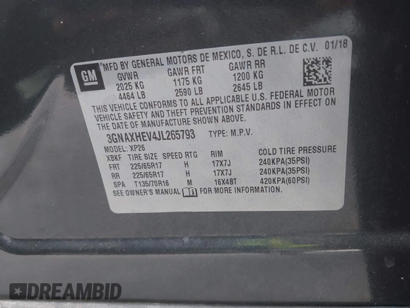 2018 Chevrolet Equinox LS with VIN 3GNAXHEV4JL265793, listed as a IAAI auction lot 41018511 with Not Provided miles and . Bid and sale history available at DreamBid. Image 9.