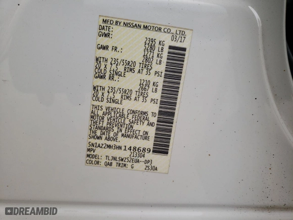 2017 Nissan Murano Platinum with VIN 5N1AZ2MH3HN148689, listed as a Copart auction lot 86223424 with 195,046 mi miles and Salvage Title. Bid and sale history available at carsss.com. Image 14.