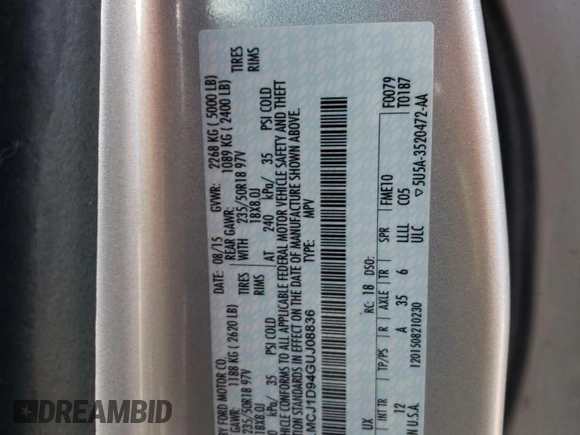2016 Lincoln MKC Premier with VIN 5LMCJ1D94GUJ08836, listed as a Copart auction lot 79688164 with 108,039 mi miles and Salvage Title. Bid and sale history available at DreamBid. Image 13.