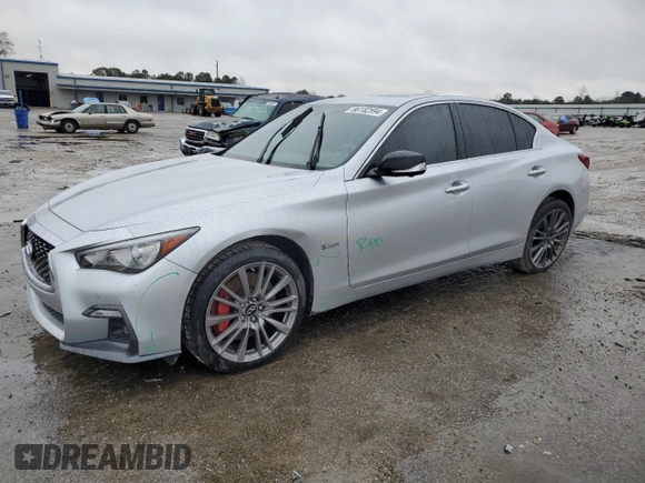 2020 Infiniti Q50 Red Sport 400 with VIN JN1FV7AR6LM660612, listed as a Copart auction lot 86182594 with 82,737 mi miles and Salvage Title. Bid and sale history available at carsss.com. Image 1.