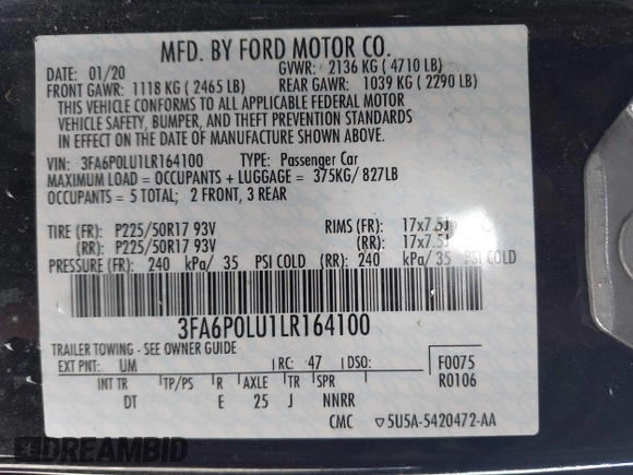 2020 Ford Fusion SE with VIN 3FA6P0LU1LR164100, listed as a IAAI auction lot 41859480 with Not provided miles and . Bid and sale history available at DreamBid. Image 9.