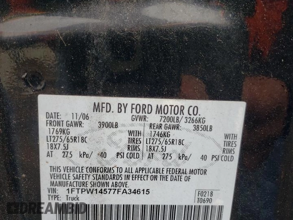 2007 Ford F-150 XLT with VIN 1FTPW14577FA34615, listed as a Copart auction lot 57832535 with 288,760 mi miles and Clean title. Bid and sale history available at DreamBid. Image 12.