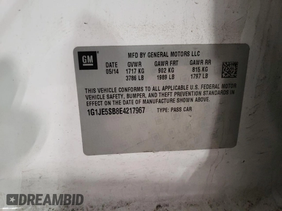 2014 Chevrolet Sonic LTZ with VIN 1G1JE5SB8E4217967, listed as a Copart auction lot 47609215 with 152,322 mi miles and Salvage Title. Bid and sale history available at carsss.com. Image 12.