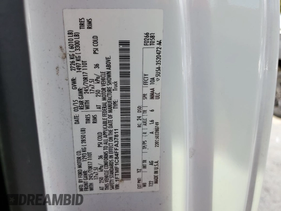 2015 Ford F-150 XL z VIN 1FTMF1C84FFA37811, wystawiony jako Copart lot #43353935 z przebiegiem 156 079 mil mil oraz Szkoda całkowita • Salvage title. Historia ofert i sprzedaży dostępna na DreamBid. Obrazek 13.