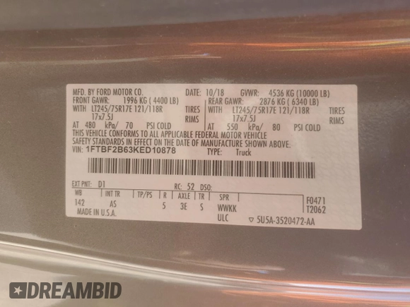 2019 Ford Super Duty F-250 SRW XL with VIN 1FTBF2B63KED10878, listed as a Copart auction lot 52394075 with 61,033 mi miles and Salvage Title. Bid and sale history available at carsss.com. Image 14.