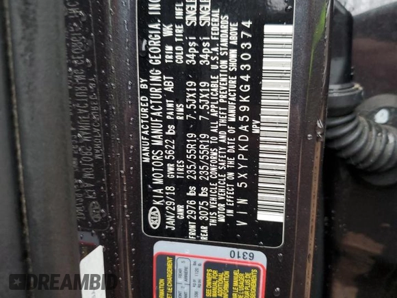 2019 Kia Sorento SX Limited with VIN 5XYPKDA59KG430374, listed as a Copart auction lot 80629564 with 52,518 mi miles and Salvage Title. Bid and sale history available at carsss.com. Image 14.