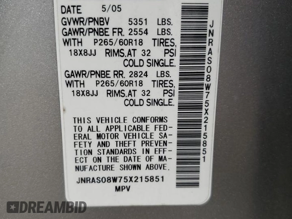 2005 Infiniti FX z VIN JNRAS08W75X215851, wystawiony jako Copart lot #49557125 z przebiegiem 170 013 mil mil oraz Czysty tytuł • Clean title. Historia ofert i sprzedaży dostępna na DreamBid. Obrazek 13.