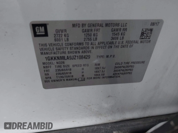 2018 GMC Acadia SLT with VIN 1GKKNMLA9JZ108429, listed as a IAAI auction lot 41211723 with 128,456 mi miles and . Bid and sale history available at DreamBid. Image 9.
