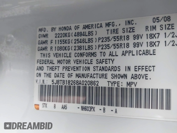 2008 Acura RDX with VIN 5J8TB18268A020862, listed as a IAAI auction lot 41413265 with 165,280 mi miles. Bid and sale history available at carsss.com. Image 9.