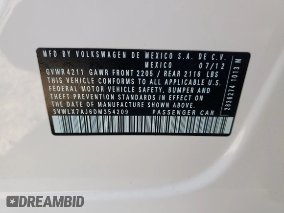 2013 Volkswagen Jetta SEL с VIN 3VWLX7AJ6DM354209, выставлен на аукционе Copart как лот 52975365 с пробегом 156 973 миль миль и Списание • Salvage title. История ставок и продаж доступна на DreamBid. Изображение 12.