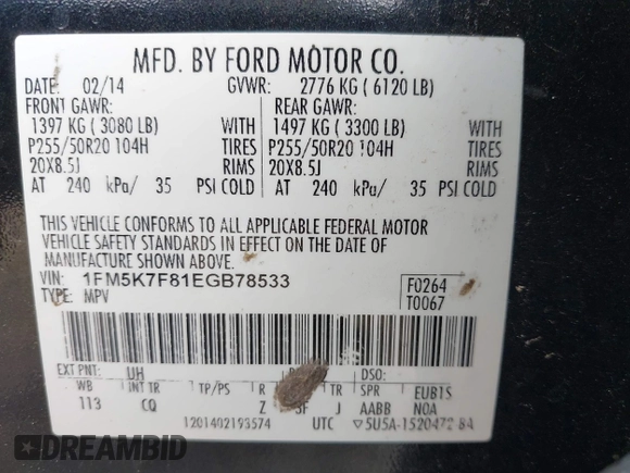 2014 Ford Explorer Limited with VIN 1FM5K7F81EGB78533, listed as a IAAI auction lot 42161468 with 161,645 mi miles and . Bid and sale history available at carsss.com. Image 9.