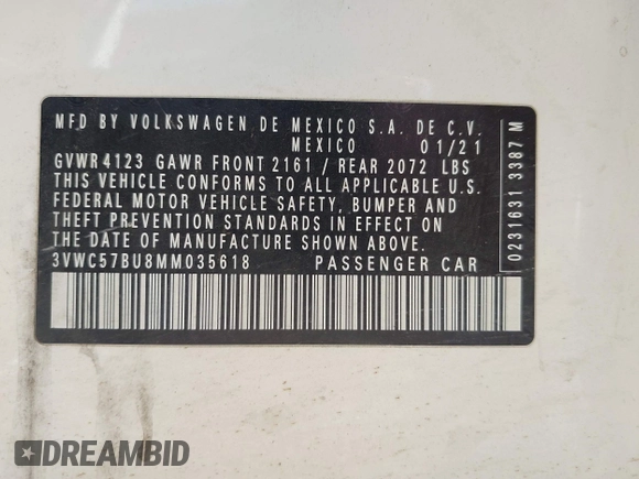 2021 Volkswagen Jetta S z VIN 3VWC57BU8MM035618, wystawiony jako IAAI lot #41998464 z przebiegiem 56 099 mil mil oraz . Historia ofert i sprzedaży dostępna na DreamBid. Obrazek 9.
