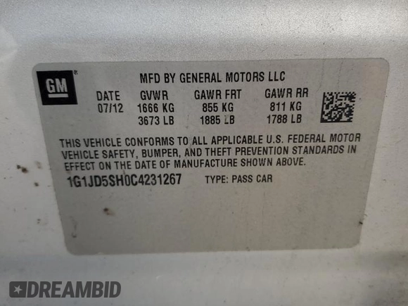 2012 Chevrolet Sonic LT with VIN 1G1JD5SH0C4231267, listed as a Copart auction lot 82848544 with 115,159 mi miles and Salvage title. Bid and sale history available at DreamBid. Image 14.