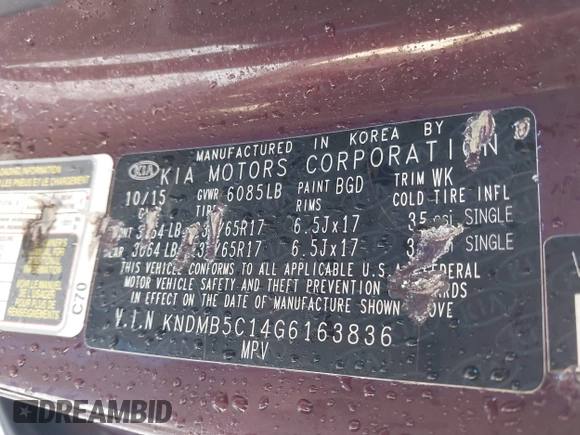 2016 Kia Sedona LX with VIN KNDMB5C14G6163836, listed as a IAAI auction lot 41578462 with 153,315 mi miles. Bid and sale history available at carsss.com. Image 9.