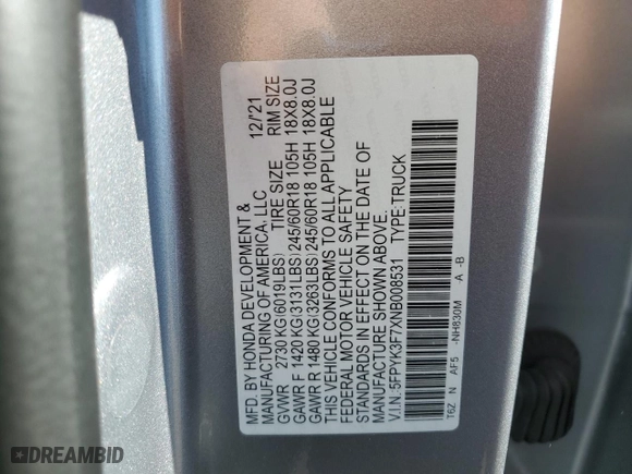 2022 Honda Ridgeline RTL-E with VIN 5FPYK3F7XNB008531, listed as a Copart auction lot 45430735 with 30,048 mi miles and Salvage Title. Bid and sale history available at carsss.com. Image 12.