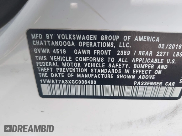 2016 Volkswagen Passat S with VIN 1VWAT7A3XGC036460, listed as a IAAI auction lot 42466059 with 91,672 mi miles and . Bid and sale history available at DreamBid. Image 9.