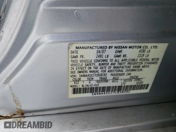 2007 Nissan Maxima 3.5 SE with VIN 1N4BA41E27C858592, listed as a Copart auction lot 88277025 with 151,000 mi miles and Clean Title. Bid and sale history available at carsss.com. Image 12.