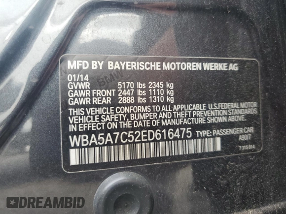 2014 BMW 5 Series 528i xDrive with VIN WBA5A7C52ED616475, listed as a Copart auction lot 64597745 with 91,306 mi miles and Salvage title. Bid and sale history available at DreamBid. Image 12.