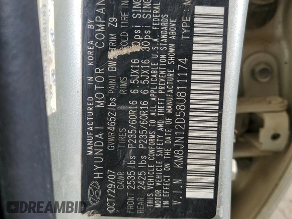 2008 Hyundai Tucson SE with VIN KM8JN12D58U811174, listed as a Copart auction lot 52768855 with 259,330 mi miles and Salvage Title. Bid and sale history available at carsss.com. Image 12.