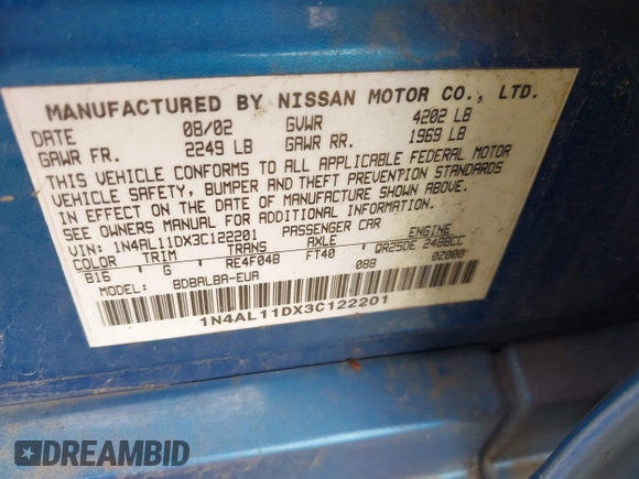 2003 Nissan Altima S with VIN 1N4AL11DX3C122201, listed as a IAAI auction lot 42261672 with 19,661 mi miles and . Bid and sale history available at DreamBid. Image 9.