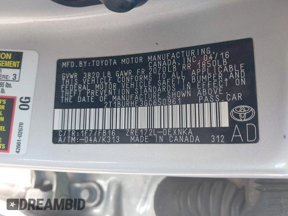 2016 Toyota Corolla L with VIN 2T1BURHE3GC650961, listed as a IAAI auction lot 42212132 with 146,656 mi miles and . Bid and sale history available at DreamBid. Image 9.
