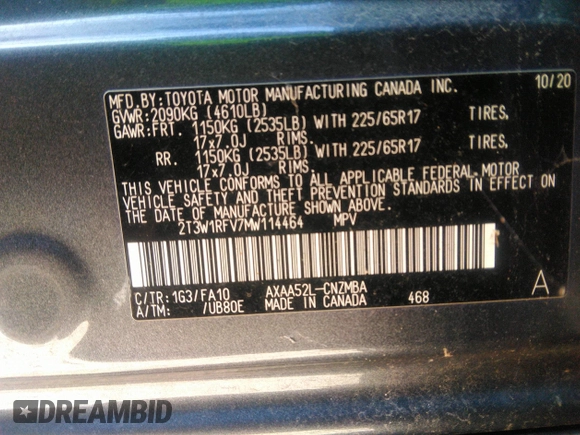 2021 Toyota RAV4 XLE with VIN 2T3W1RFV7MW114464, listed as a IAAI auction lot 40961039 with 41,922 mi miles. Bid and sale history available at carsss.com. Image 9.