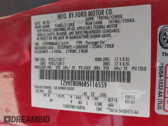 2008 Ford Mustang Deluxe with VIN 1ZVHT80N685116559, listed as a IAAI auction lot 41778691 with 94,514 mi miles and . Bid and sale history available at DreamBid. Image 9.