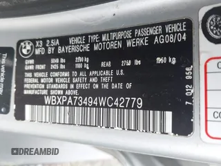 2004 BMW X3 2.5i with VIN WBXPA73494WC42779, listed as a IAAI auction lot 42233818 with 257,932 mi miles and . Bid and sale history available at DreamBid. Image 9.
