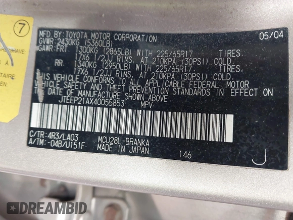 2004 Toyota Highlander z VIN JTEEP21AX40055853, wystawiony jako IAAI lot #41640471 z przebiegiem 186 409 mil mil oraz . Historia ofert i sprzedaży dostępna na DreamBid. Obrazek 9.