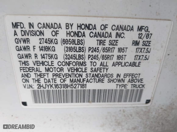 2008 Honda Ridgeline RTX with VIN 2HJYK16318H527181, listed as a IAAI auction lot 41777517 with 231,613 mi miles. Bid and sale history available at carsss.com. Image 9.
