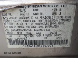 2005 Nissan Maxima SL with VIN 1N4BA41E05C867028, listed as a IAAI auction lot 42126218 with 190,832 mi miles and . Bid and sale history available at DreamBid. Image 9.