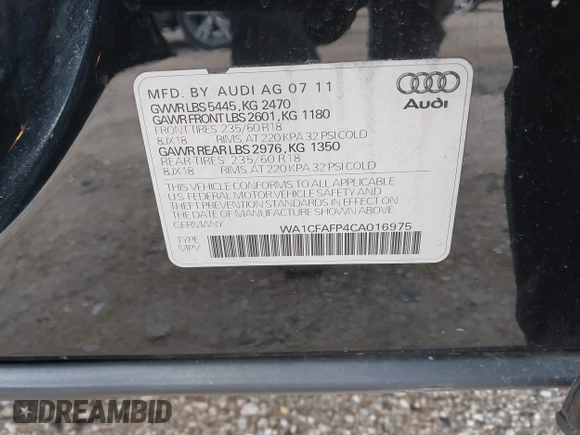 2012 Audi Q5 2.0T Premium with VIN WA1CFAFP4CA016975, listed as a IAAI auction lot 41980555 with 88,688 mi miles. Bid and sale history available at carsss.com. Image 9.