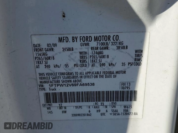2009 Ford F-150 XL with VIN 1FTPW12V69FA69538, listed as a Copart auction lot 45459065 with 0 mi miles and Salvage Title. Bid and sale history available at carsss.com. Image 13.