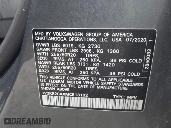 2021 Volkswagen Atlas SE с VIN 1V2KR2CAXMC513192, выставлен на аукционе IAAI как лот 41566796 с пробегом 91 794 миль миль и . История ставок и продаж доступна на DreamBid. Изображение 9.