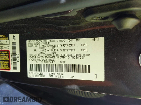2020 Toyota Tundra Limited with VIN 5TFFY5F1XLX256495, listed as a IAAI auction lot 41373252 with 142,229 mi miles and . Bid and sale history available at DreamBid. Image 9.
