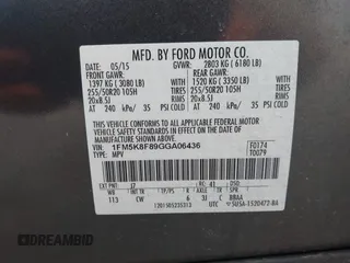 2016 Ford Explorer Limited with VIN 1FM5K8F89GGA06436, listed as a IAAI auction lot 42098933 with 215,526 mi miles. Bid and sale history available at carsss.com. Image 9.
