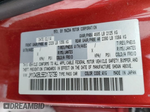 2014 Mazda 5 Sport with VIN JM1CW2BL5E0172739, listed as a Copart auction lot 37702334 with 105,329 mi miles and Salvage Title. Bid and sale history available at DreamBid. Image 13.