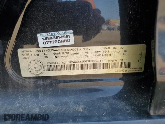 2007 Volkswagen Jetta с VIN 3VWWJ31K67M199214, выставлен на аукционе Copart как лот 70195994 с пробегом 437 045 миль миль и Чистый • Clean title. История ставок и продаж доступна на DreamBid. Изображение 12.