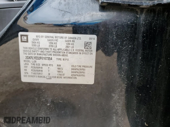 2015 GMC Terrain SLT with VIN 2GKFLYE32F6167354, listed as a Copart auction lot 59618685 with 175,240 mi miles and Salvage title. Bid and sale history available at DreamBid. Image 12.
