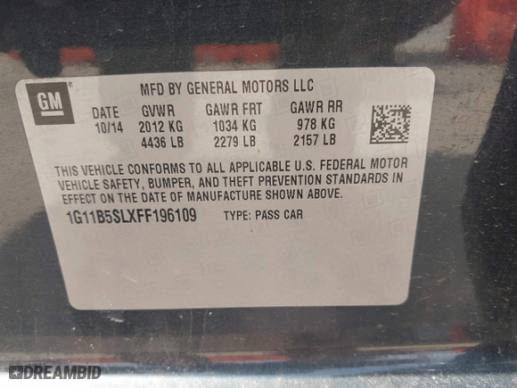 2015 Chevrolet Malibu LS with VIN 1G11B5SLXFF196109, listed as a IAAI auction lot 41891021 with 134,555 mi miles. Bid and sale history available at carsss.com. Image 9.
