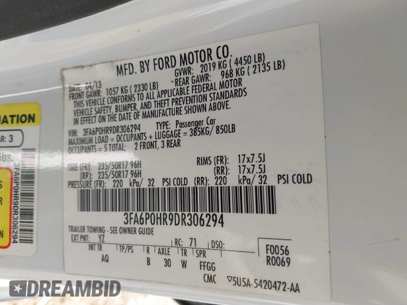 2013 Ford Fusion SE with VIN 3FA6P0HR9DR306294, listed as a IAAI auction lot 41752448 with 112,742 mi miles. Bid and sale history available at carsss.com. Image 9.