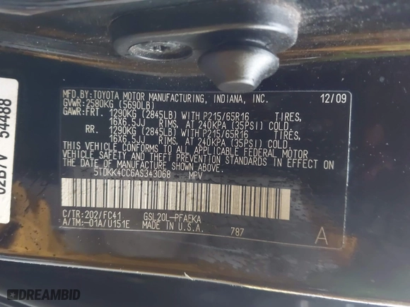 2010 Toyota Sienna CE with VIN 5TDKK4CC6AS343068, listed as a IAAI auction lot 41973330 with 327,086 mi miles. Bid and sale history available at carsss.com. Image 9.