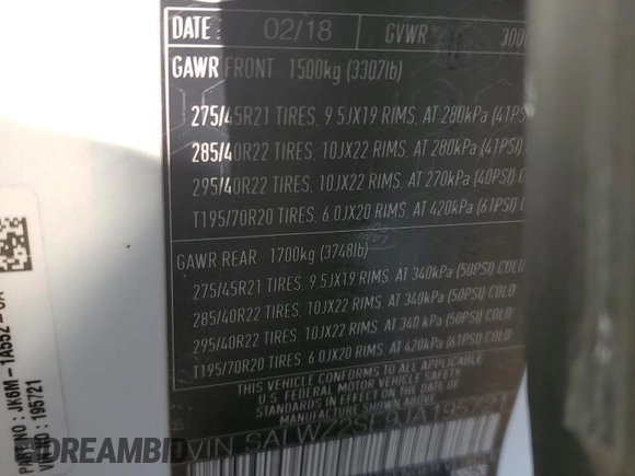 2018 Land Rover Range Rover Sport SVR with VIN SALWZ2SE9JA195721, listed as a Copart auction lot 89152495 with 54,641 mi miles and Salvage Title. Bid and sale history available at carsss.com. Image 13.