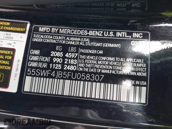 2015 Mercedes-Benz C 300 with VIN 55SWF4JB5FU058307, listed as a IAAI auction lot 42184657 with 95,428 mi miles and . Bid and sale history available at DreamBid. Image 9.