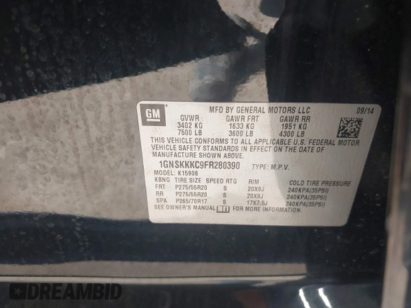 2015 Chevrolet Suburban LTZ with VIN 1GNSKKKC9FR280390, listed as a IAAI auction lot 41882449 with 80,499 mi miles and . Bid and sale history available at DreamBid. Image 9.