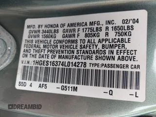2004 Honda Civic VP with VIN 1HGES16374L014278, listed as a IAAI auction lot 42088847 with 219,022 mi miles. Bid and sale history available at carsss.com. Image 9.